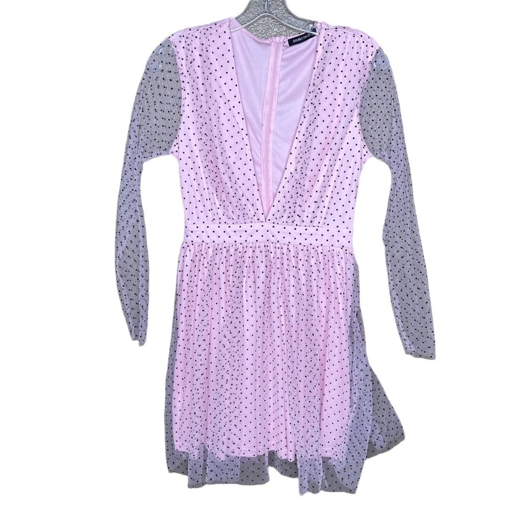 Double Crazy Pink Polka Dot Sheer Mesh Sleeve Deep V-Neck Mini Dress S